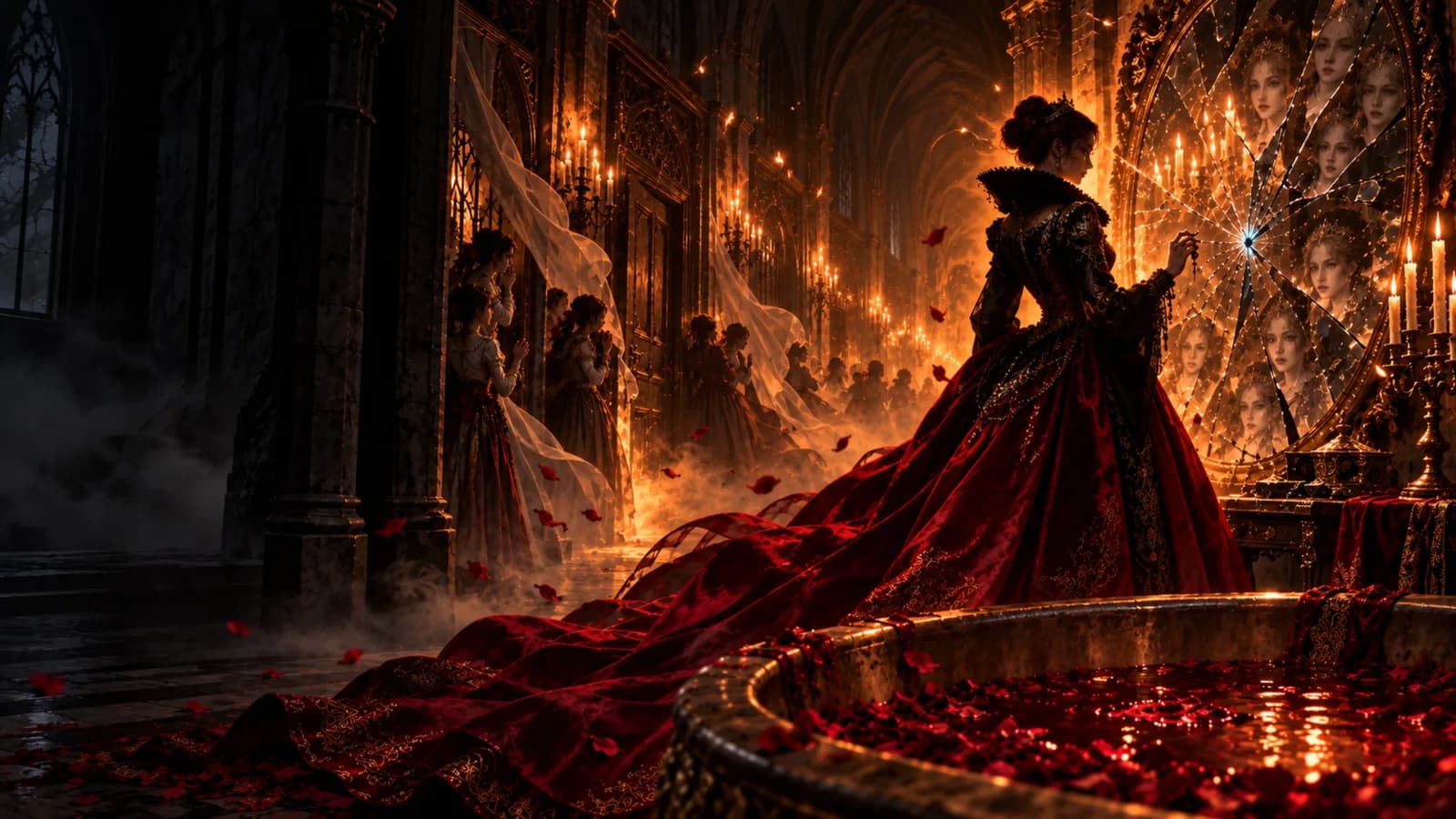 Ilustración de una mujer con vestido rojo ante un espejo roto en un salón lleno de velas