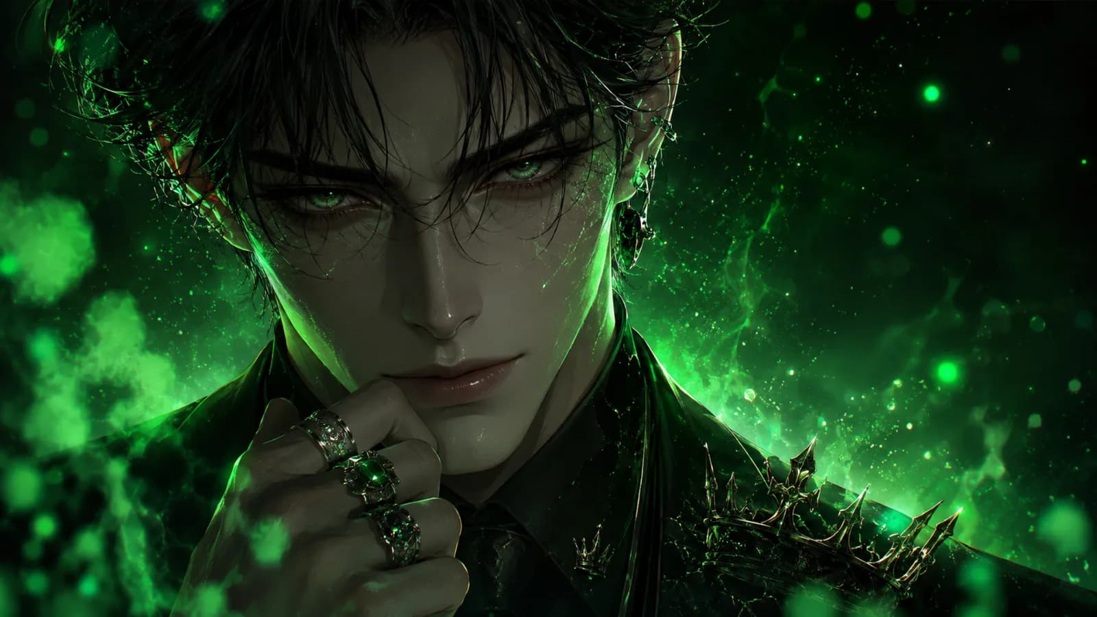 Ilustración de un villano de ojos verdes entre destellos verdes